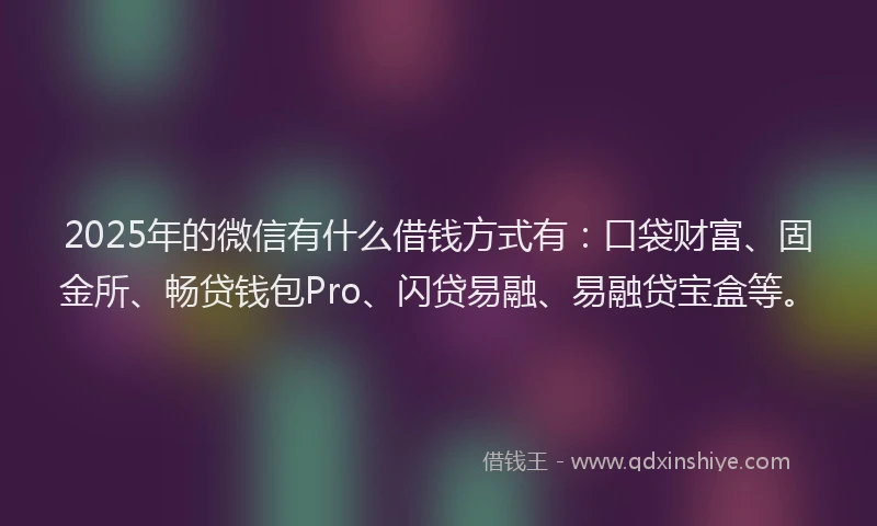 2025年的微信有什么借钱方式有：口袋财富、固金所、畅贷钱包Pro、闪贷易融、易融贷宝盒等。