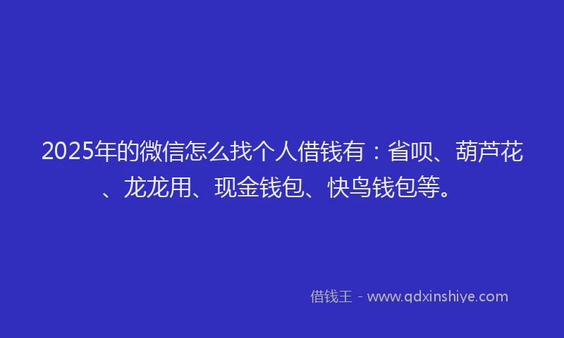 2025年的微信怎么找个人借钱有：省呗、葫芦花、龙龙用、现金钱包、快鸟钱包等。