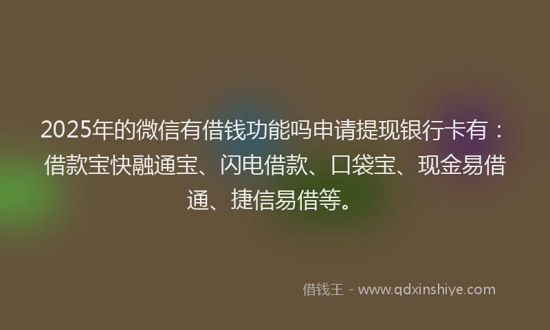 2025年的微信有借钱功能吗申请提现银行卡有：借款宝快融通宝、闪电借款、口袋宝、现金易借通、捷信易借等。