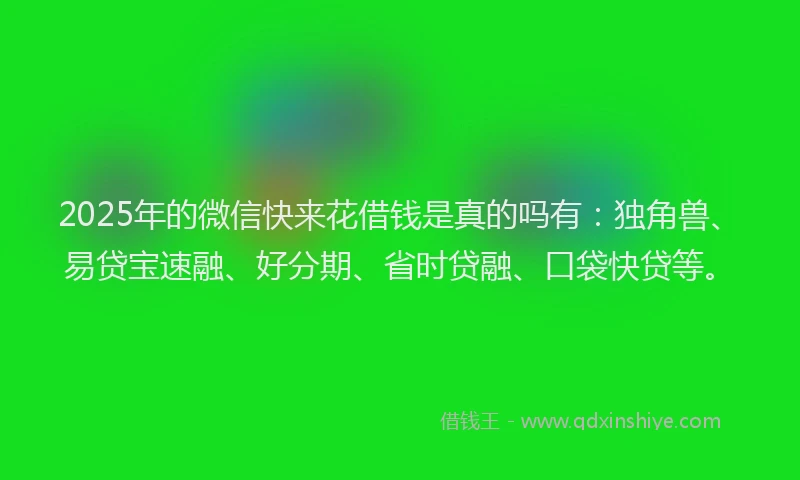 2025年的微信快来花借钱是真的吗有：独角兽、易贷宝速融、好分期、省时贷融、口袋快贷等。