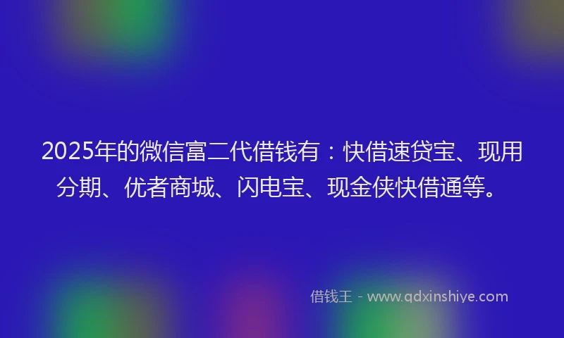 2025年的微信富二代借钱有：快借速贷宝、现用分期、优者商城、闪电宝、现金侠快借通等。