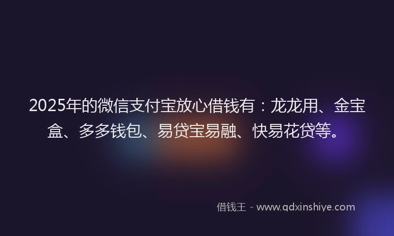 2025年的微信支付宝放心借钱有：龙龙用、金宝盒、多多钱包、易贷宝易融、快易花贷等。