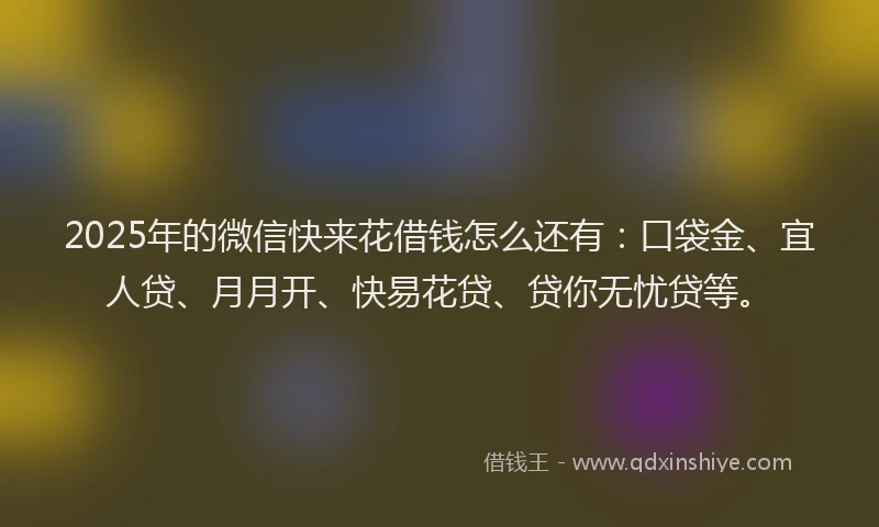 2025年的微信快来花借钱怎么还有：口袋金、宜人贷、月月开、快易花贷、贷你无忧贷等。