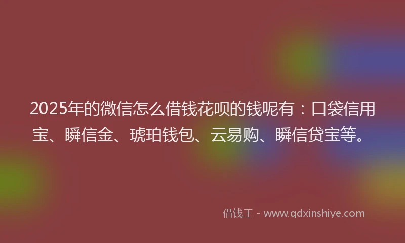 2025年的微信怎么借钱花呗的钱呢有：口袋信用宝、瞬信金、琥珀钱包、云易购、瞬信贷宝等。