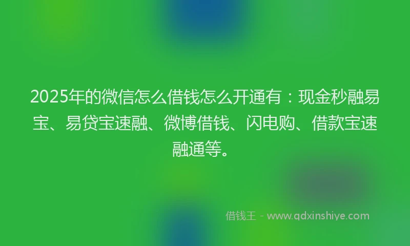 2025年的微信怎么借钱怎么开通有：现金秒融易宝、易贷宝速融、微博借钱、闪电购、借款宝速融通等。
