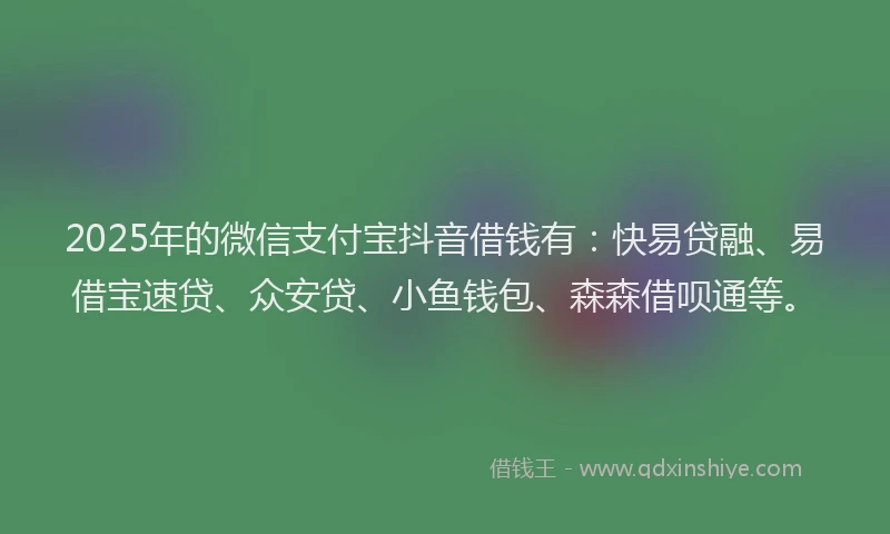 2025年的微信支付宝抖音借钱有：快易贷融、易借宝速贷、众安贷、小鱼钱包、森森借呗通等。