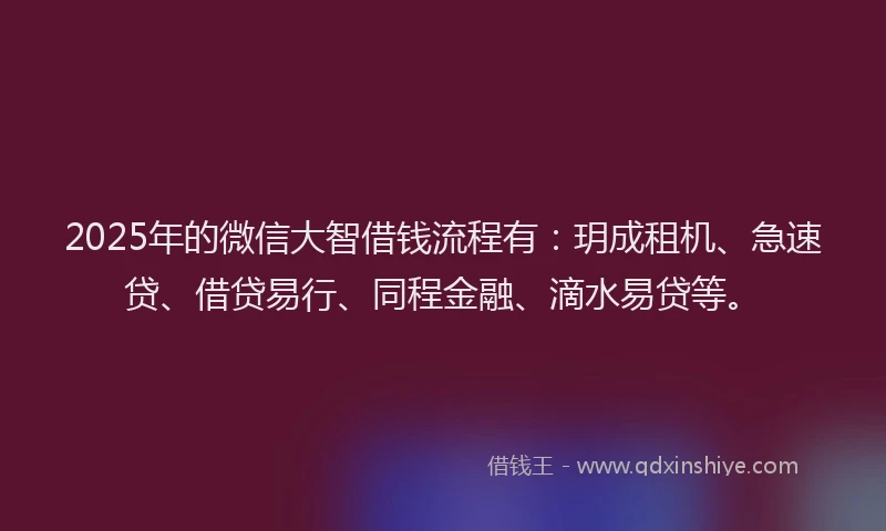 2025年的微信大智借钱流程有：玥成租机、急速贷、借贷易行、同程金融、滴水易贷等。