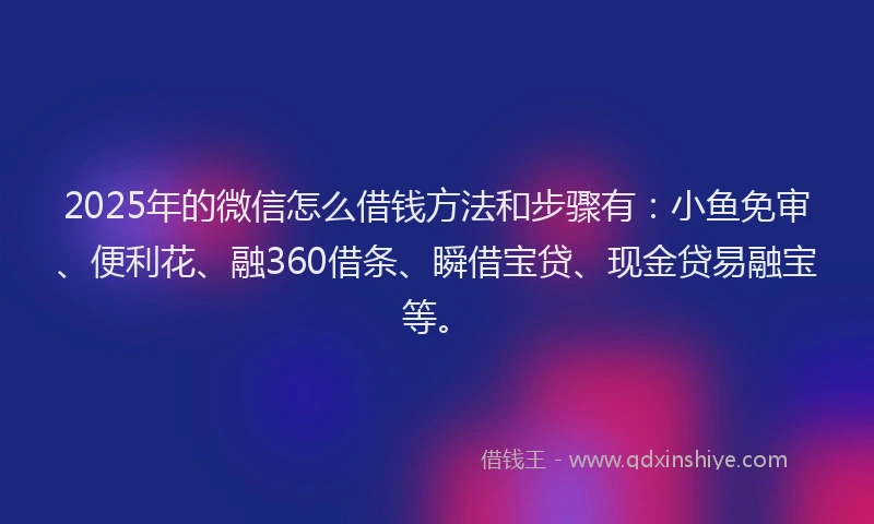 2025年的微信怎么借钱方法和步骤有：小鱼免审、便利花、融360借条、瞬借宝贷、现金贷易融宝等。