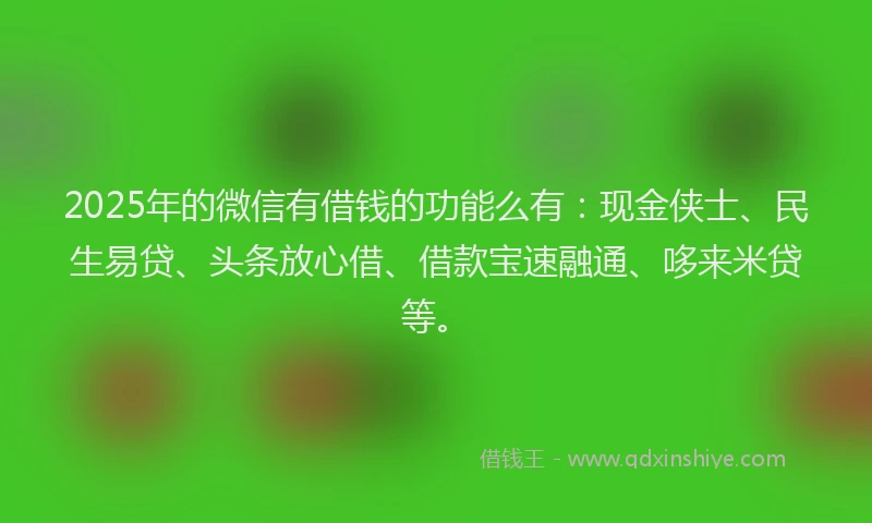2025年的微信有借钱的功能么有：现金侠士、民生易贷、头条放心借、借款宝速融通、哆来米贷等。