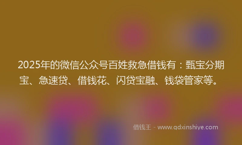 2025年的微信公众号百姓救急借钱有：甄宝分期宝、急速贷、借钱花、闪贷宝融、钱袋管家等。