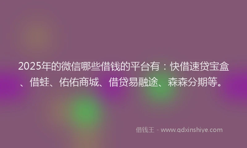 2025年的微信哪些借钱的平台有：快借速贷宝盒、借蛙、佑佑商城、借贷易融途、森森分期等。