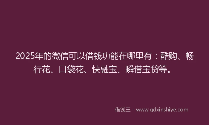 2025年的微信可以借钱功能在哪里有：酷购、畅行花、口袋花、快融宝、瞬借宝贷等。