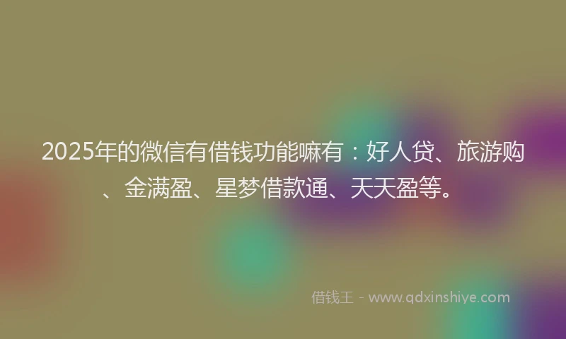 2025年的微信有借钱功能嘛有：好人贷、旅游购、金满盈、星梦借款通、天天盈等。
