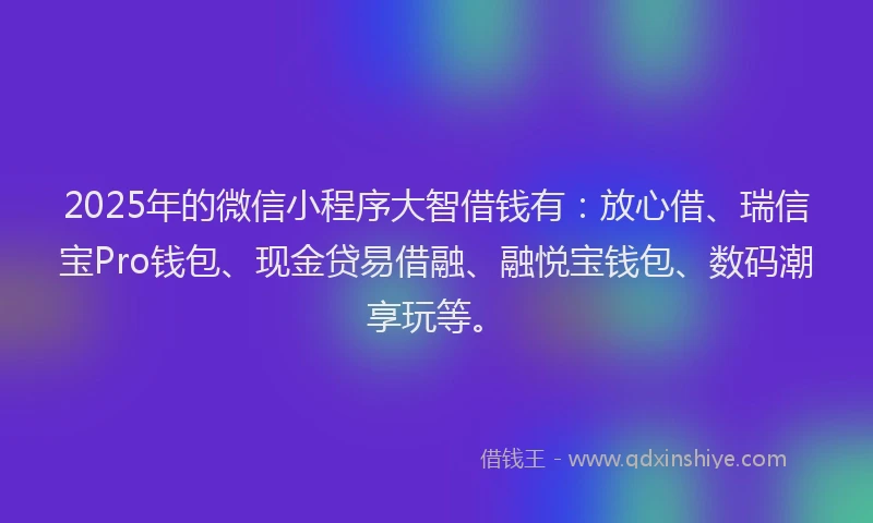 2025年的微信小程序大智借钱有：放心借、瑞信宝Pro钱包、现金贷易借融、融悦宝钱包、数码潮享玩等。