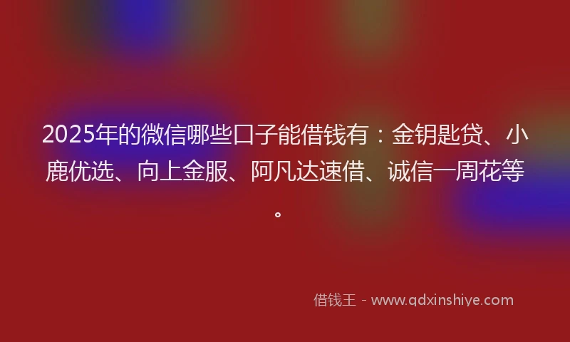 2025年的微信哪些口子能借钱有：金钥匙贷、小鹿优选、向上金服、阿凡达速借、诚信一周花等。