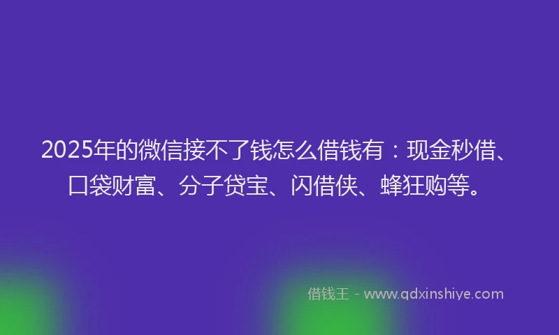 2025年的微信接不了钱怎么借钱有：现金秒借、口袋财富、分子贷宝、闪借侠、蜂狂购等。