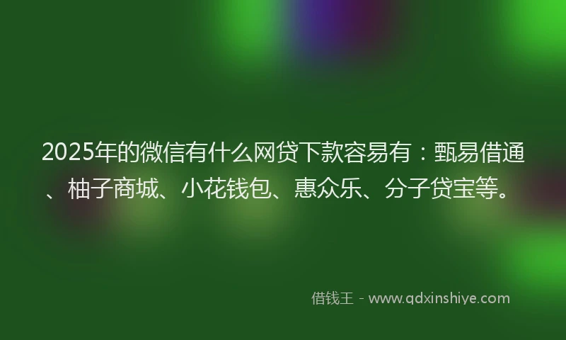 2025年的微信有什么网贷下款容易有：甄易借通、柚子商城、小花钱包、惠众乐、分子贷宝等。