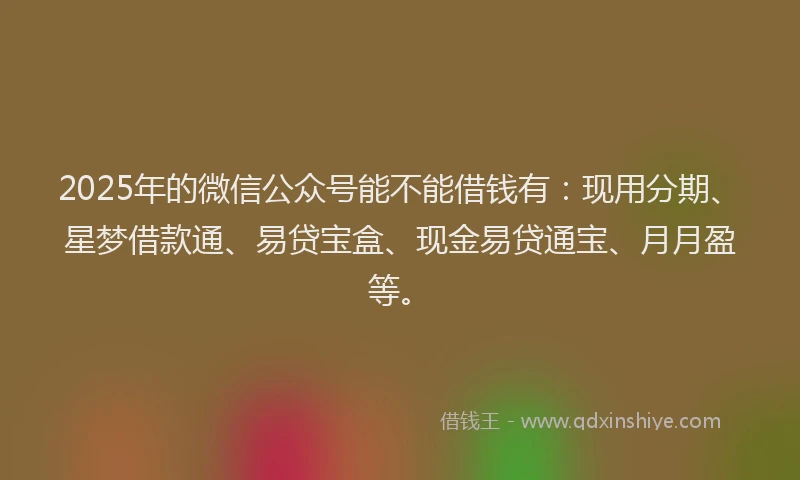 2025年的微信公众号能不能借钱有：现用分期、星梦借款通、易贷宝盒、现金易贷通宝、月月盈等。