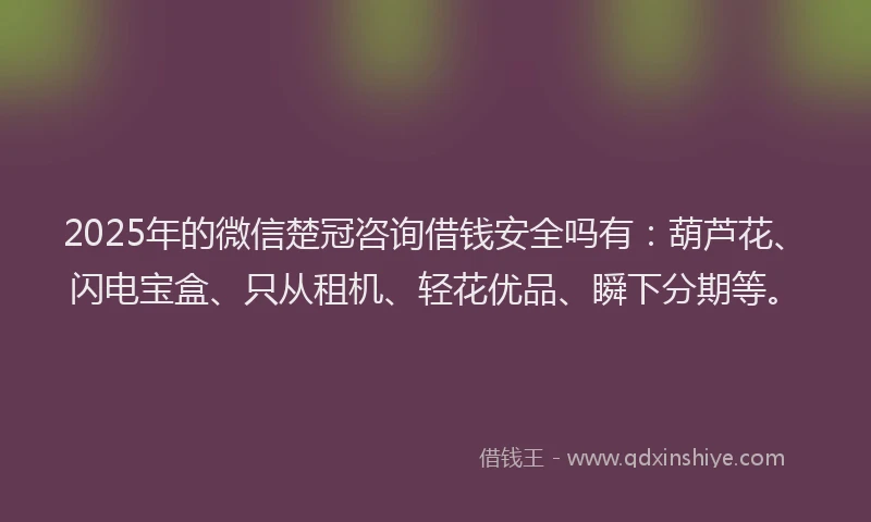 2025年的微信楚冠咨询借钱安全吗有：葫芦花、闪电宝盒、只从租机、轻花优品、瞬下分期等。