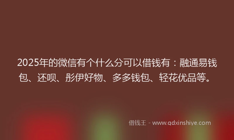 2025年的微信有个什么分可以借钱有：融通易钱包、还呗、彤伊好物、多多钱包、轻花优品等。