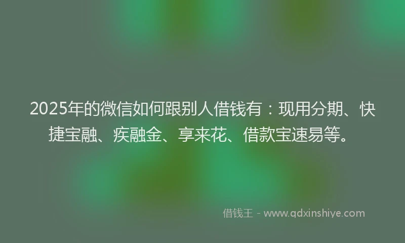 2025年的微信如何跟别人借钱有：现用分期、快捷宝融、疾融金、享来花、借款宝速易等。