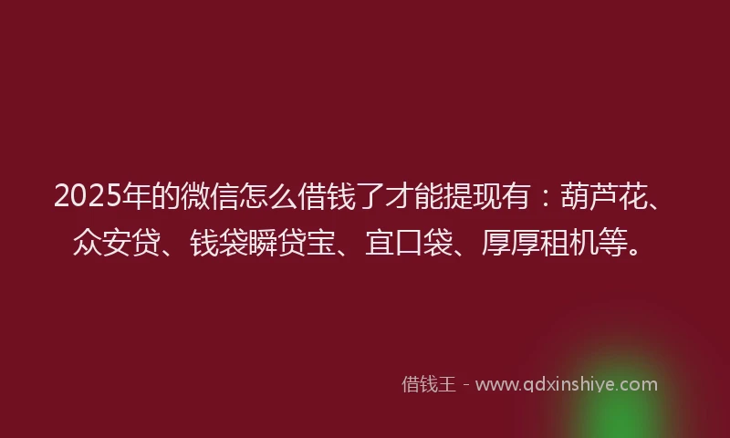 2025年的微信怎么借钱了才能提现有：葫芦花、众安贷、钱袋瞬贷宝、宜口袋、厚厚租机等。