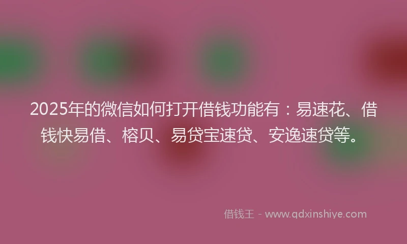 2025年的微信如何打开借钱功能有：易速花、借钱快易借、榕贝、易贷宝速贷、安逸速贷等。