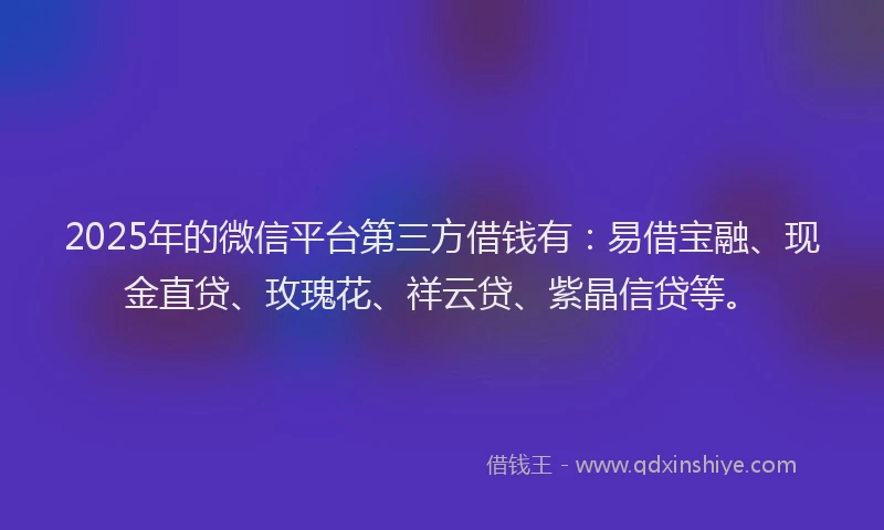 2025年的微信平台第三方借钱有：易借宝融、现金直贷、玫瑰花、祥云贷、紫晶信贷等。