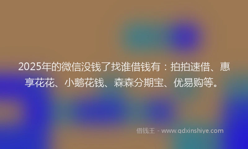 2025年的微信没钱了找谁借钱有：拍拍速借、惠享花花、小鹅花钱、森森分期宝、优易购等。