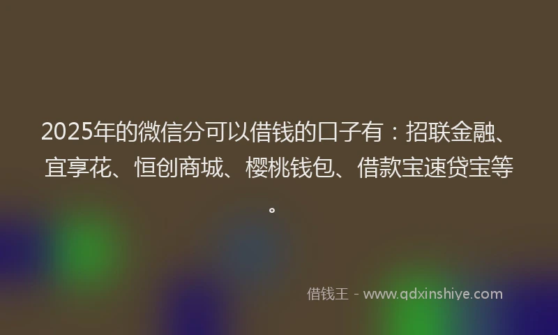2025年的微信分可以借钱的口子有：招联金融、宜享花、恒创商城、樱桃钱包、借款宝速贷宝等。