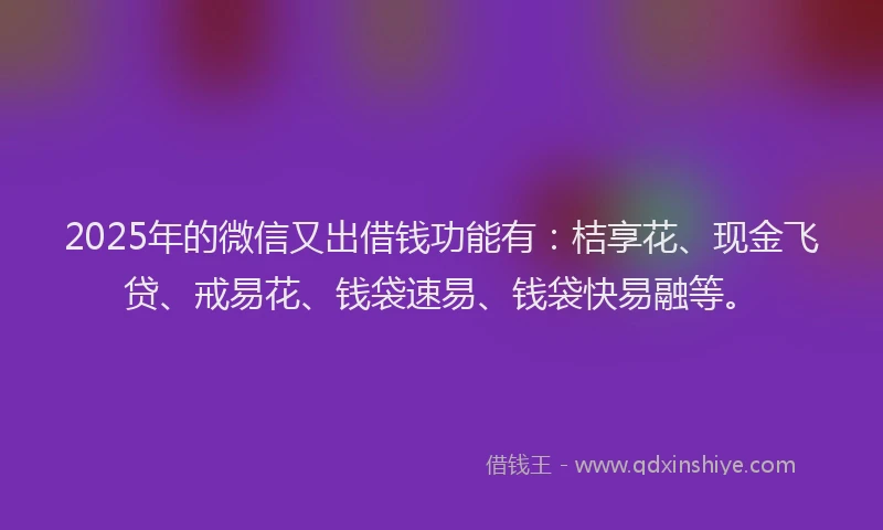 2025年的微信又出借钱功能有：桔享花、现金飞贷、戒易花、钱袋速易、钱袋快易融等。