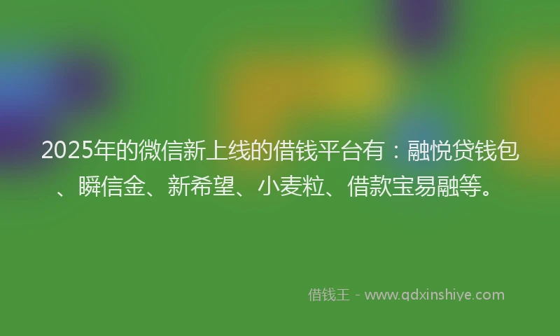 2025年的微信新上线的借钱平台有：融悦贷钱包、瞬信金、新希望、小麦粒、借款宝易融等。