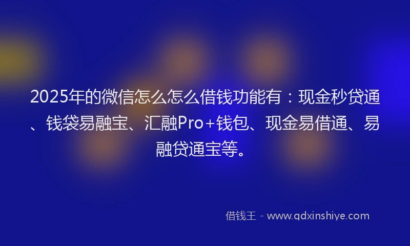 2025年的微信怎么怎么借钱功能有：现金秒贷通、钱袋易融宝、汇融Pro+钱包、现金易借通、易融贷通宝等。