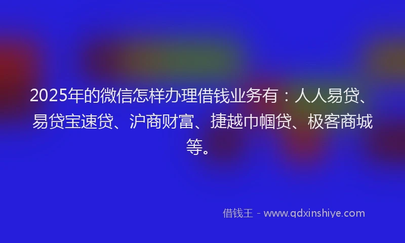 2025年的微信怎样办理借钱业务有：人人易贷、易贷宝速贷、沪商财富、捷越巾帼贷、极客商城等。