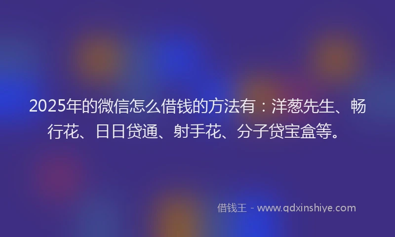 2025年的微信怎么借钱的方法有：洋葱先生、畅行花、日日贷通、射手花、分子贷宝盒等。