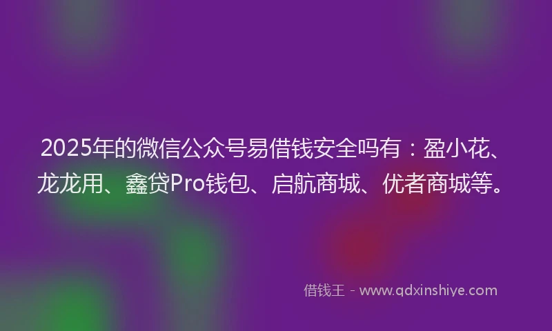 2025年的微信公众号易借钱安全吗有：盈小花、龙龙用、鑫贷Pro钱包、启航商城、优者商城等。