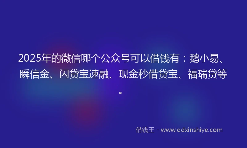 2025年的微信哪个公众号可以借钱有：鹅小易、瞬信金、闪贷宝速融、现金秒借贷宝、福瑞贷等。