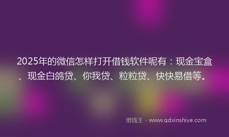 2025年的微信怎样打开借钱软件呢有：现金宝盒、现金白鸽贷、你我贷、粒粒贷、快快易借等。
