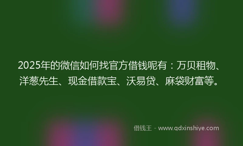 2025年的微信如何找官方借钱呢有：万贝租物、洋葱先生、现金借款宝、沃易贷、麻袋财富等。
