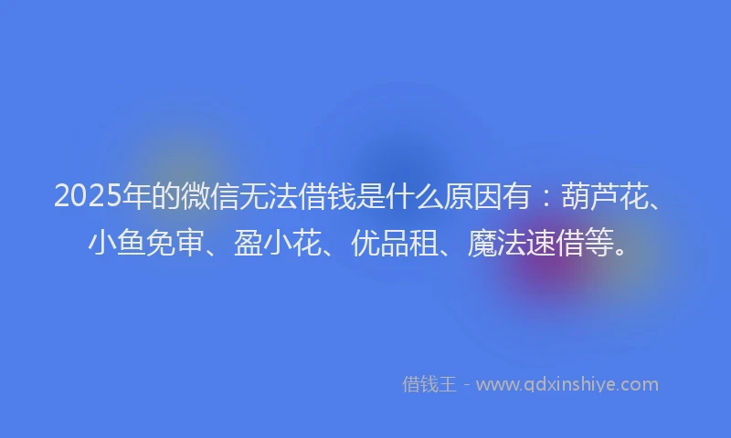 2025年的微信无法借钱是什么原因有：葫芦花、小鱼免审、盈小花、优品租、魔法速借等。