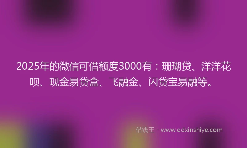2025年的微信可借额度3000有：珊瑚贷、洋洋花呗、现金易贷盒、飞融金、闪贷宝易融等。