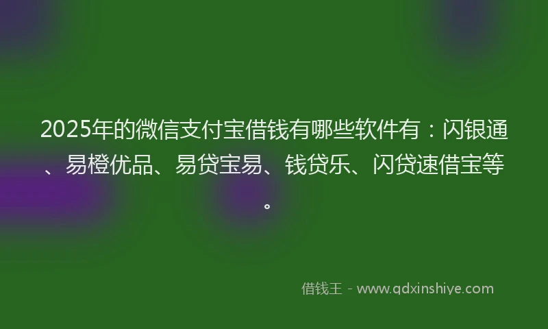 2025年的微信支付宝借钱有哪些软件有：闪银通、易橙优品、易贷宝易、钱贷乐、闪贷速借宝等。