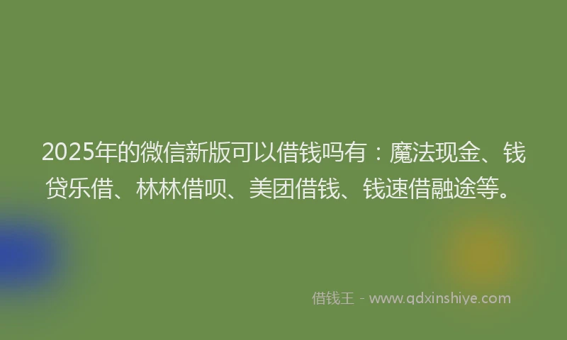 2025年的微信新版可以借钱吗有：魔法现金、钱贷乐借、林林借呗、美团借钱、钱速借融途等。