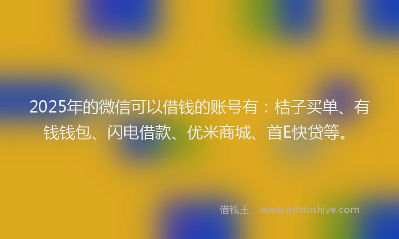 2025年的微信可以借钱的账号有：桔子买单、有钱钱包、闪电借款、优米商城、首E快贷等。