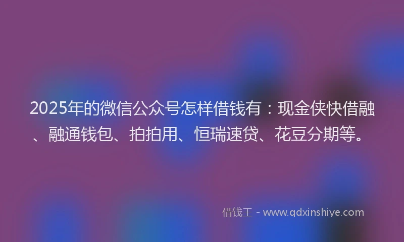 2025年的微信公众号怎样借钱有：现金侠快借融、融通钱包、拍拍用、恒瑞速贷、花豆分期等。