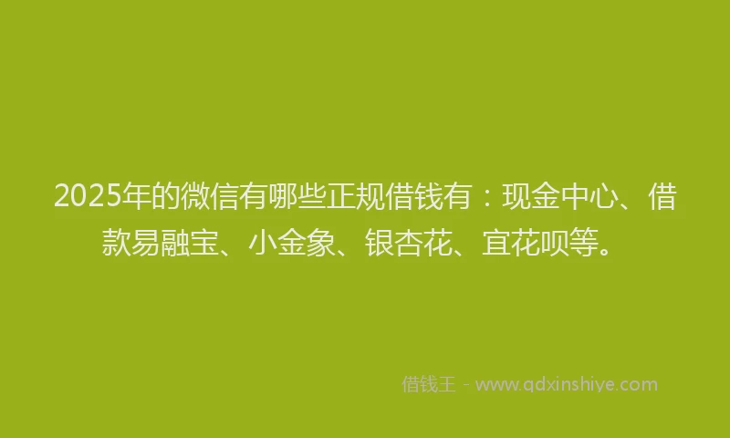 2025年的微信有哪些正规借钱有：现金中心、借款易融宝、小金象、银杏花、宜花呗等。
