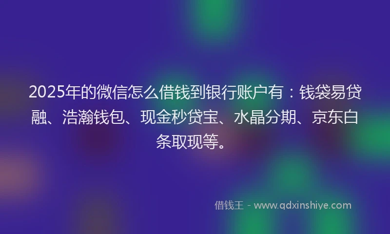 2025年的微信怎么借钱到银行账户有：钱袋易贷融、浩瀚钱包、现金秒贷宝、水晶分期、京东白条取现等。