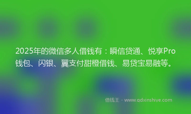 2025年的微信多人借钱有：瞬信贷通、悦享Pro钱包、闪银、翼支付甜橙借钱、易贷宝易融等。