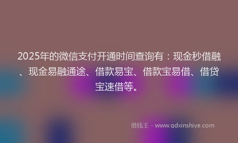 2025年的微信支付开通时间查询有：现金秒借融、现金易融通途、借款易宝、借款宝易借、借贷宝速借等。