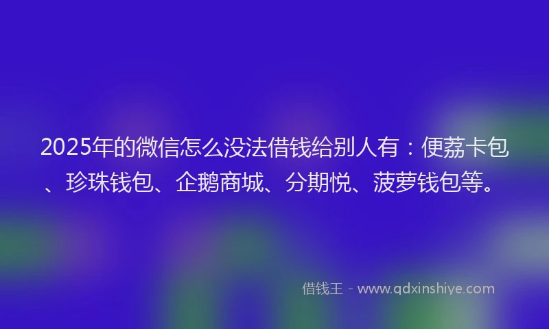 2025年的微信怎么没法借钱给别人有：便荔卡包、珍珠钱包、企鹅商城、分期悦、菠萝钱包等。